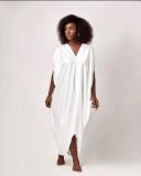 Bright Silky Satin Loose V-neck Batball Sleeve Mid Sleeve Dress