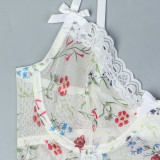 Floral Lace Patchwork Elastic Mesh Fun Suspender with Steel Ring Three Piece Set Including Socks