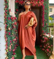 Bright Silky Satin Loose V-neck Batball Sleeve Mid Sleeve Dress
