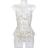 Floral Lace Patchwork Elastic Mesh Fun Suspender with Steel Ring Three Piece Set Including Socks