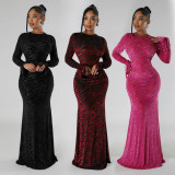 Round Neck Long Sleeved Hollow Out Long Dress