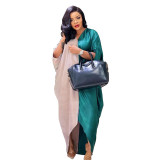 Bright Silky Satin Loose V-neck Batball Sleeve Mid Sleeve Dress