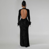 Round Neck Long Sleeved Hollow Out Long Dress