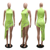 Irregular Dress with Sleeveless Wave Print
