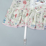 Floral Lace Patchwork Elastic Mesh Fun Suspender with Steel Ring Three Piece Set Including Socks