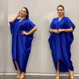 Bright Silky Satin Loose V-neck Batball Sleeve Mid Sleeve Dress
