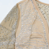 Solid Color Mesh Rhinestone Deep V-dress