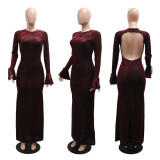 Round Neck Long Sleeved Hollow Out Long Dress