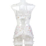 Elastic Mesh Small Floral Patchwork Lace Lingerie Four Piece Set