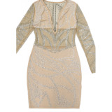 Solid Color Mesh Rhinestone Deep V-dress
