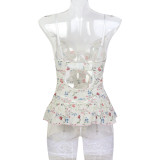 Floral Lace Patchwork Elastic Mesh Fun Suspender with Steel Ring Three Piece Set Including Socks