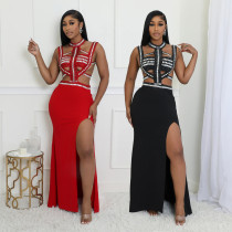 Round Neck Sleeveless Rhinestone Dress