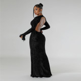 Round Neck Long Sleeved Hollow Out Long Dress
