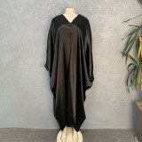 Bright Silky Satin Loose V-neck Batball Sleeve Mid Sleeve Dress