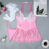 Strap Lace Skirt Bow Set with Socks Included