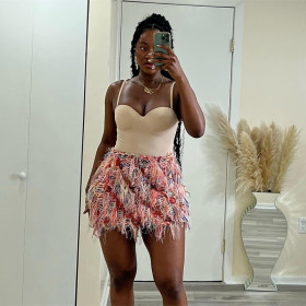 Striped Fringe Slim Fit Hip Hugging Short Skirt