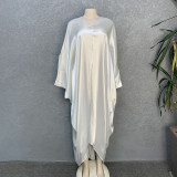 Bright Silky Satin Loose V-neck Batball Sleeve Mid Sleeve Dress