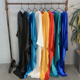 Bright Silky Satin Loose V-neck Batball Sleeve Mid Sleeve Dress