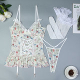 Floral Lace Patchwork Elastic Mesh Fun Suspender with Steel Ring Three Piece Set Including Socks