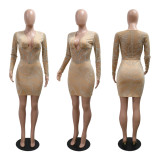 Solid Color Mesh Rhinestone Deep V-dress