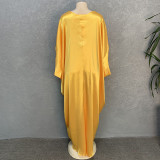 Bright Silky Satin Loose V-neck Batball Sleeve Mid Sleeve Dress
