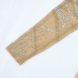 Solid Color Mesh Rhinestone Deep V-dress