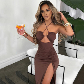 Split Wrinkled Hanging Neck Style Dress with a Stylish and Chest Revealing Look