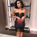 V-neck Strapless Hip Hugging Tassel Sequin Dress