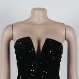 V-neck Strapless Hip Hugging Tassel Sequin Dress