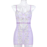 Embroidered Floral Patchwork Tight Fitting Dress with Suspender and See Through Nightgown