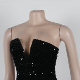 V-neck Strapless Hip Hugging Tassel Sequin Dress