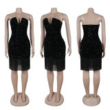V-neck Strapless Hip Hugging Tassel Sequin Dress