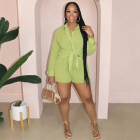 Solid Color Loose Collar Button Up Shirt Top and Pocket Wide Leg Shorts