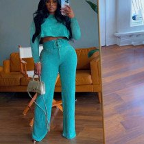 Tie Dye Short Round Neck Long Sleeved Top with Tie Pants Two-piece Set