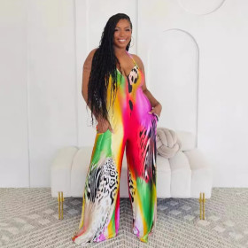 Printed Neck Strap Open Back Slim Fit Jumpsuit