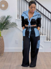 Casual Striped Patchwork Long Sleeved Pocket Tie Up Shirt Straight Leg Pants Set