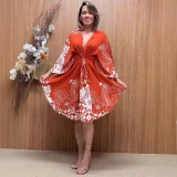Casual Printed Strap Slit V-neck Long Sleeved Dress