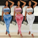 Blacktop and Navel Exposed Short Top Two-piece Set with Hot Stamping