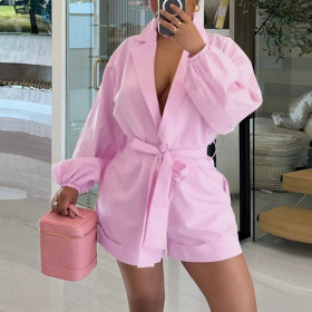 Solid Color Lapel Lantern Sleeve Waist Cinching Strap Jumpsuit Shorts