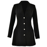 Deep V-neck Long Sleeved Jumpsuit with Single Breasted Suit Skirt