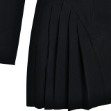 Deep V-neck Long Sleeved Jumpsuit with Single Breasted Suit Skirt