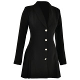 Deep V-neck Long Sleeved Jumpsuit with Single Breasted Suit Skirt