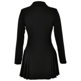 Deep V-neck Long Sleeved Jumpsuit with Single Breasted Suit Skirt