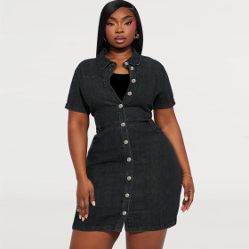 Flip Collar Short Sleeved Button Short Denim Dress