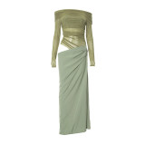 One Shoulder Long Sleeved Open Waist Patchwork Dress