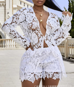 Hollow Solid Color Shirt Long Sleeved Shorts Two-piece Set