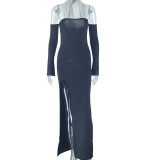 Hanging Neck Off Shoulder Long Sleeved Casual Slit Style Skirt
