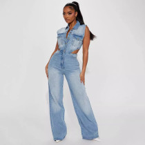 Tight Waist Slim Fit Elastic Wash Denim Jumpsuit