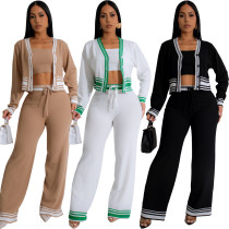 Knitted Cardigan Striped Patchwork Casual Set