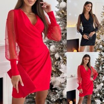 V-neck Lace Long Sleeved Dress with Hips Wrapped and Waist Cinched